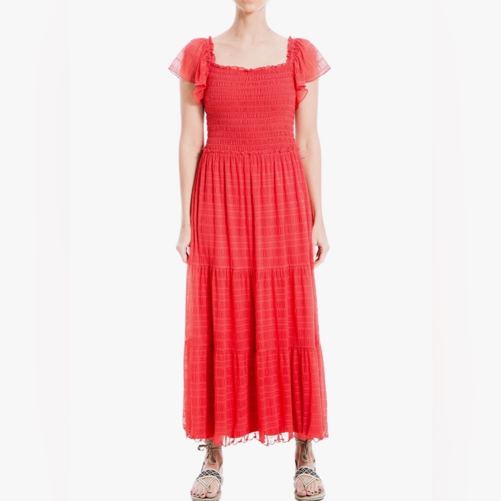 Max Studio Washed Red‎ Mesh Smocked Bohemian Midi Dress